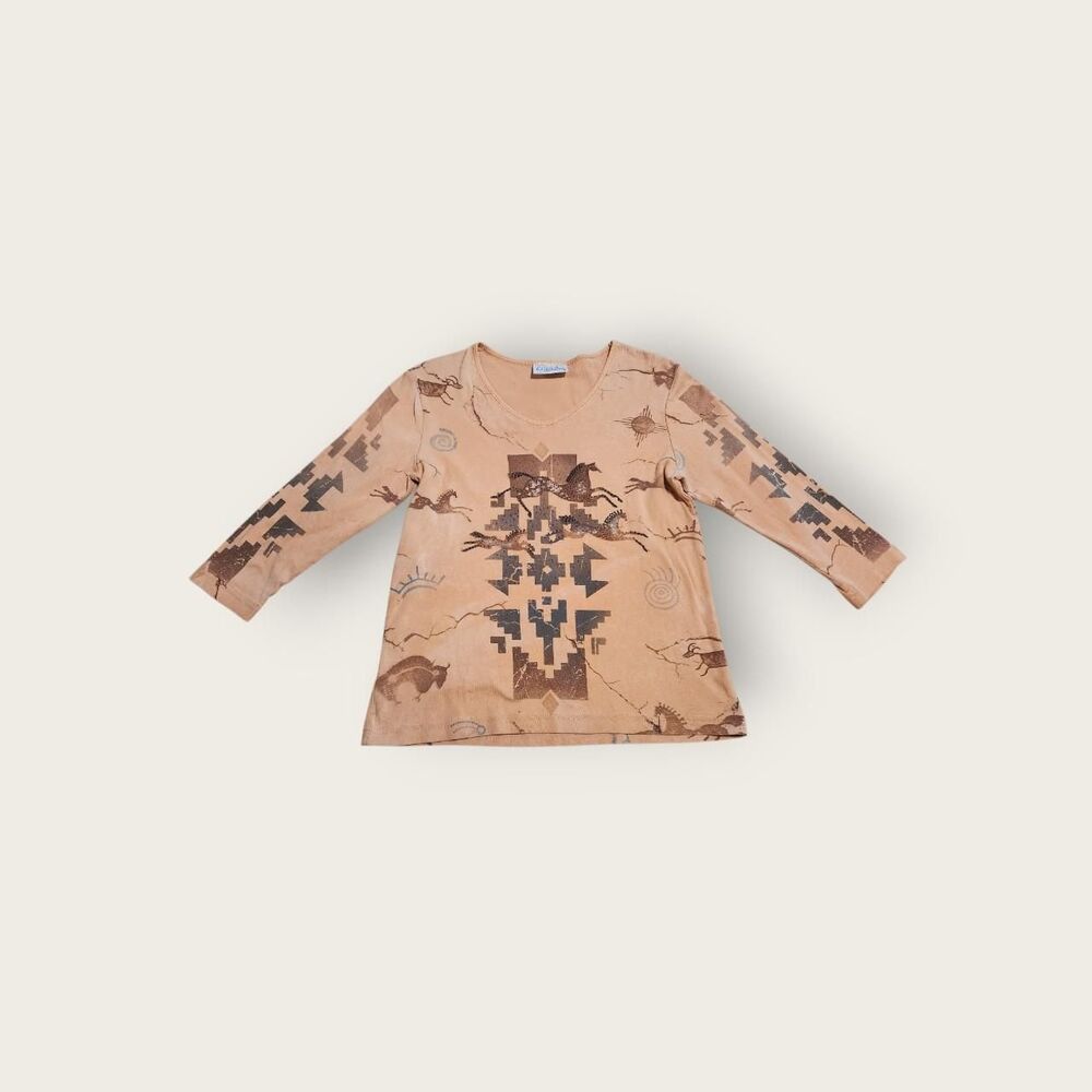 Vintage Y2k Cactus Bay brown scoop neck Southwestern horse graphic shirt